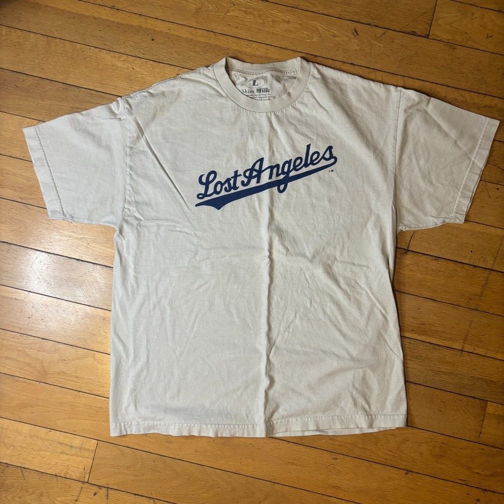 Skim Milk Lost Angeles LA Dodgers Script Graphic Tee Mens Large Made USA Cream